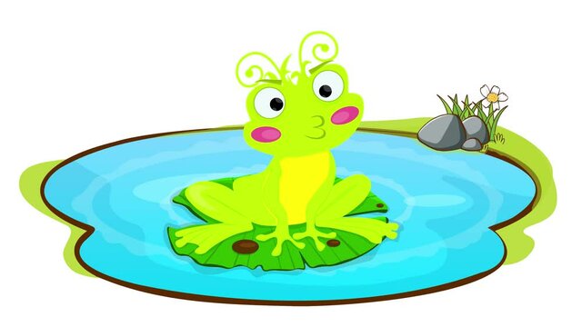 A frog on a water Lily lets out bubbles white background