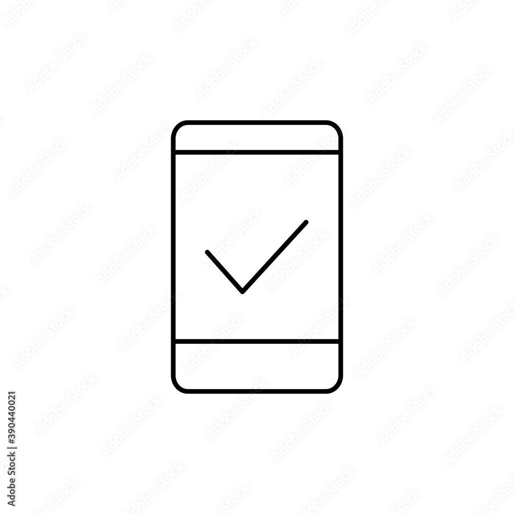 Poster smartphone check mark line icon. phone approve linear symbol. confirmation notification of success p