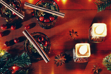 Christmas flat lay background with candles. High quality photo