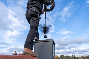 Chimney sweep cleaning a chimney standing on the house roof, lowering equipment down the flue - obrazy, fototapety, plakaty