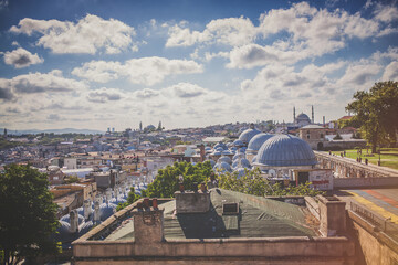 Panoramic view of Istanbul, Turkey. Istanbul through the domes and chimneys of the Suleymaniye mosque