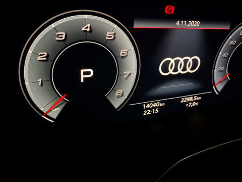 Viersen, Germany - November 4. 2020: Closeup of illuminated Audi A5 car control display