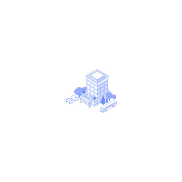 blue isometric building with cars and bus clip art preview
