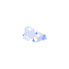 Monochrome line art isometric residential area illustration. Condo yard with trees and parking