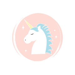 Cute lovely unicorn icon logo vector illustration on circle with brush texture for social media story highlight