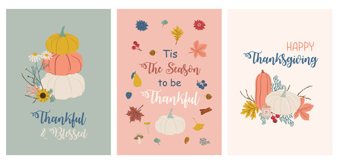 Fototapeta na wymiar Set of hand drawn cute hygge autumn inspired illustration. Perfect for card, poster, flyer, cover and other use. Elements like pumpkins, flowers and fall leaves.