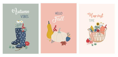 Collection of hand drawn vector cute illustrations autumn posters and hygge cards for Thanksgiving and seasonal greetings design. © sudevi