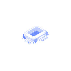 Monochrome line art isometric athletic field building illustration. Stadium yard with trees and parking