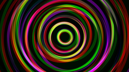Fototapeta na wymiar Abstract intersecting red green pink violet circle lines on dark background