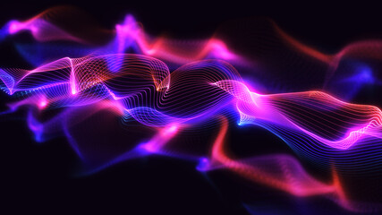 Abstract techy background illustration. Glowing wavy line particles with beautiful bokeh blur. Creative 3d concept