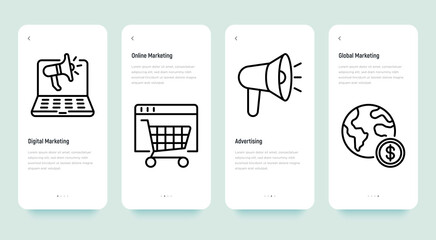 Business marketing mobile user interface with thin line icons: digital marketing, online shopping, advertising, global marketing. Vector illustration, template with copy space.