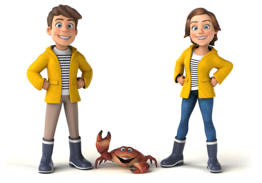 Fun 3D Illustration of cartoon kids with a crab Stock Illustration | Adobe  Stock