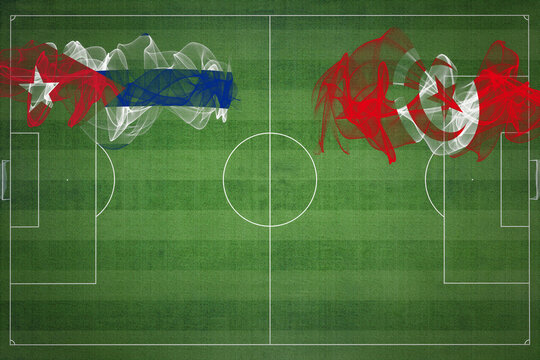 Cuba vs Tunisia Soccer Match, national colors, national flags, soccer field, football game, Copy space
