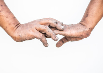 Dirty hands holding onto a person on a white background.