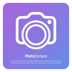 Camera thin line icon. Sign of photo. Modern vector illustration for photographer logo, mobile app, electronics shop.