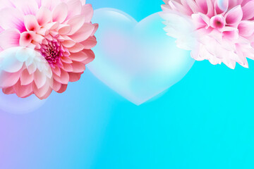 Card with dahlia blossoms and heart shaped bubble on a blue gradient background plus copy space