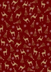 Minimalist gold christmas tree and reindeer patterned background on red background