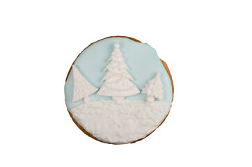 Christmas circle gingerbread homemade cookies decorated with blue icing, decoreted tree, isolation on white, not perfect