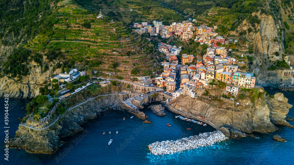 Poster drone view of the famous manarola village in cinque terre italy at sunset