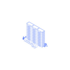Monochrome line art isometric high-rise residential house illustration. Apartment house yard with trees and parking