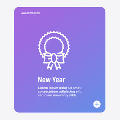 Christmas wreath with bow, thin line icon. Christmas decoration. Vector illustration.