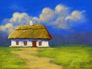 Fototapeta na wymiar Oil paintings rural landscape, old house in the countryside