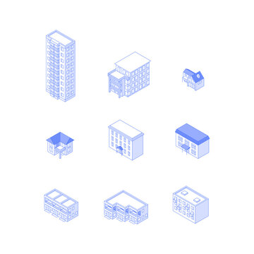 Set of isometric objects. Monochrome line art residential buildings collection. High-rise condo apartment houses cottages townhouses