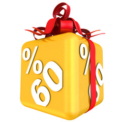 Sixty percent as a gift. The gold cube with the inscription SIXTY PERCENT is tied with a scarlet ribbon with a bow. 3D illustration