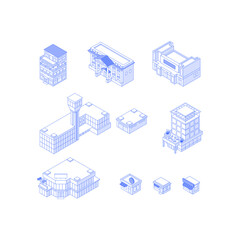 Set of isometric objects. Monochrome line art city buildings collection. Hotel city hall theatre airport office building mall shops cafes
