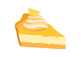 Slice of a lemon pie icon vector. Fruit cake with lemon vector. Lemon Cream Pie icon isolated on a white background. Piece of cake with whipped cream and lemon icon vector. Sweet yellow dessert icon