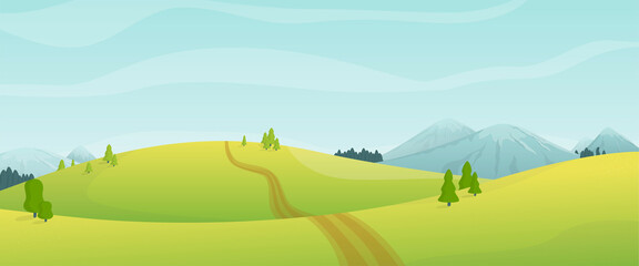Cartoon panoramic view of summer day nature in. Mountains, fields and hills with snow-capped peaks, trees, firs. A path leading off into the distance. Bright colors.