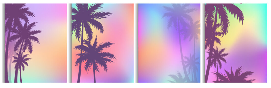 Vector illustration set of palm trees backgrounds, colorful palms silhouettes in flat style.