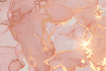 Dusty rose and gold stone background with texture of marble. Alcohol ink oriental technique. Abstract vector art. Modern flow paint with glitter. Template for banner, poster.