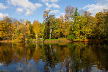 Fototapeta na wymiar autumn landscape multicolored forest around the reservoir