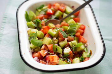 Tomato, cucumber, red onion salad with mint and balsamic vinegar