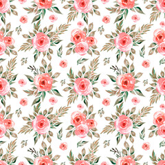 Seamless watercolor pattern with delicate florals in red, grey green leaves. Hand drawn decor patterns with flowers and greenery.
