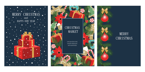 Merry christmas and happy new year greeting cards set. Christmas market.