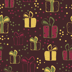 Vector seamless pattern with colorful gift boxes. Pattern for fabric print, wrapping paper design.