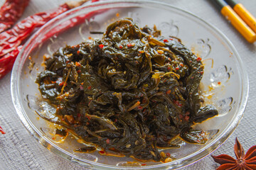 Korean Pickled Perilla Leaves (Kkaennip Jangajji) close up. Korean food
