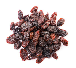 Heap of raisins on white background, isolated. The view from top