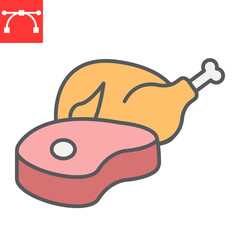 Meat and poultry color line icon, chicken meat and steak, beef sign vector graphics, editable stroke filled outline icon, eps 10.