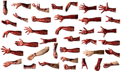 Set of bloody male hands isolated on white background.