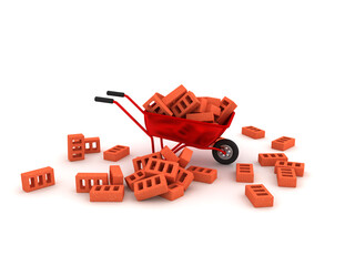 Obraz premium 3D Rendering of wheelbarrow and many bricks