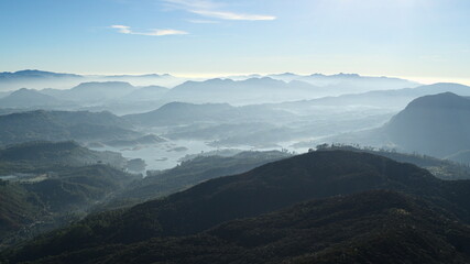 Fresh mountains landscape on sunrise with clear sky. Panoramic view from Adam's Peak (Sri Pada)...