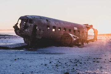Fototapeta na wymiar The wreckage of a plane in Iceland. Douglas Super DC-3 Dakota