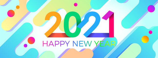 2021 Happy New Year. Paper Memphis geometric bright style for holidays flyers, greetings, invitations, Happy New Year or Merry Christmas cards. Holiday background, poster, banner. Vector Illustration.