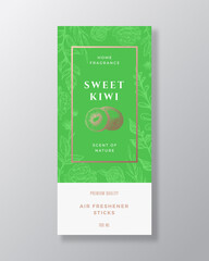 Kiwi Home Fragrance Abstract Vector Label Template. Hand Drawn Sketch Flowers, Leaves Background and Retro Typography. Premium Room Perfume Packaging Design Layout. Realistic Mockup. Isolated