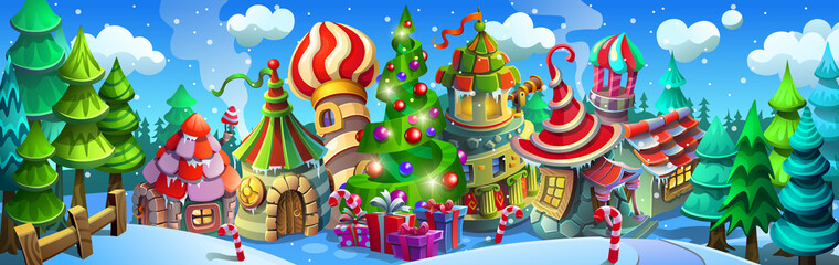 Christmas village with colorful houses and striped roofs. Christmas tree with gifts and garlands.