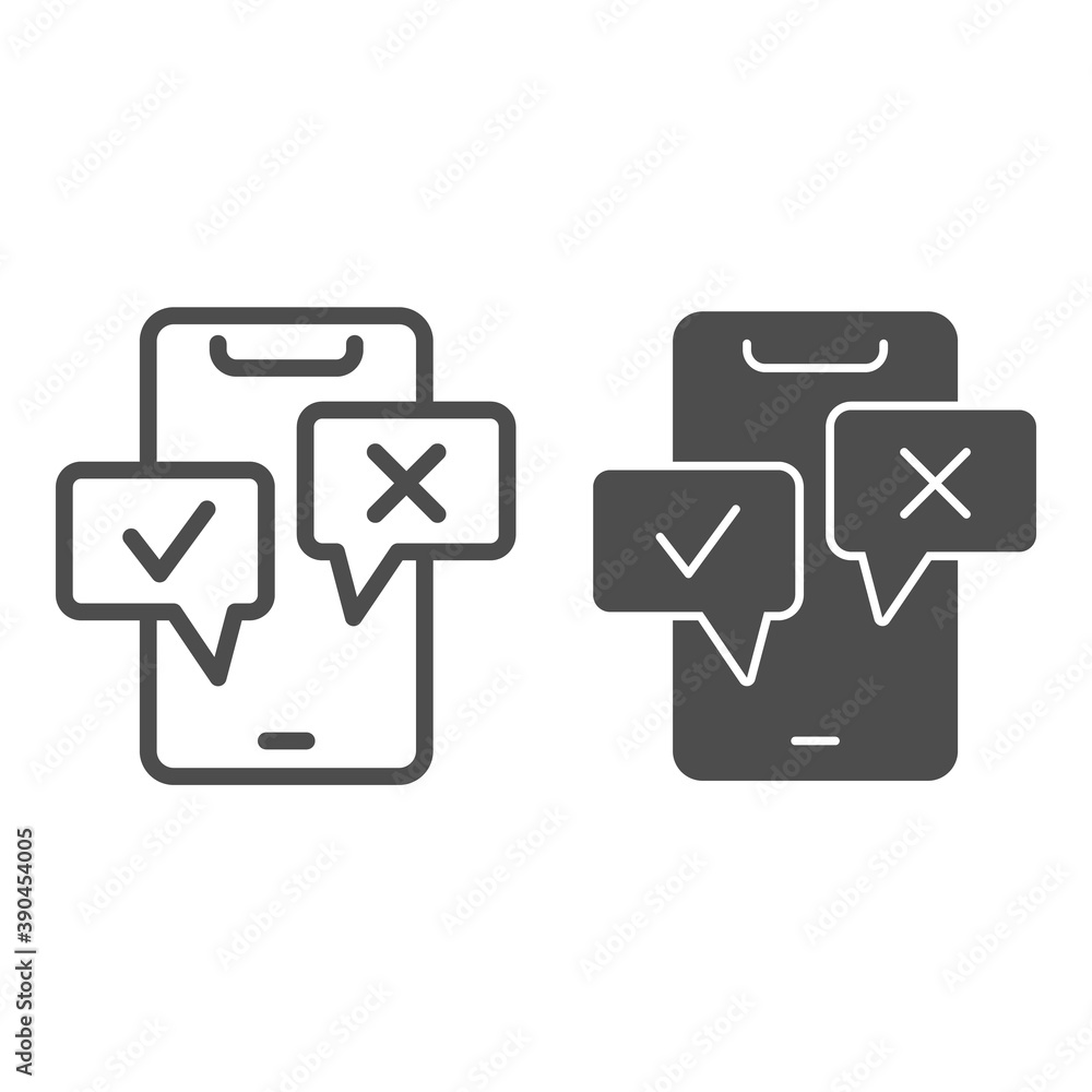 Poster check mark and cross in smartphone notifications line and solid icon, smartphone review concept, not