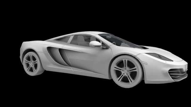 A 3d model sports car without texture rotating on an alpha channel background in a seamless loop